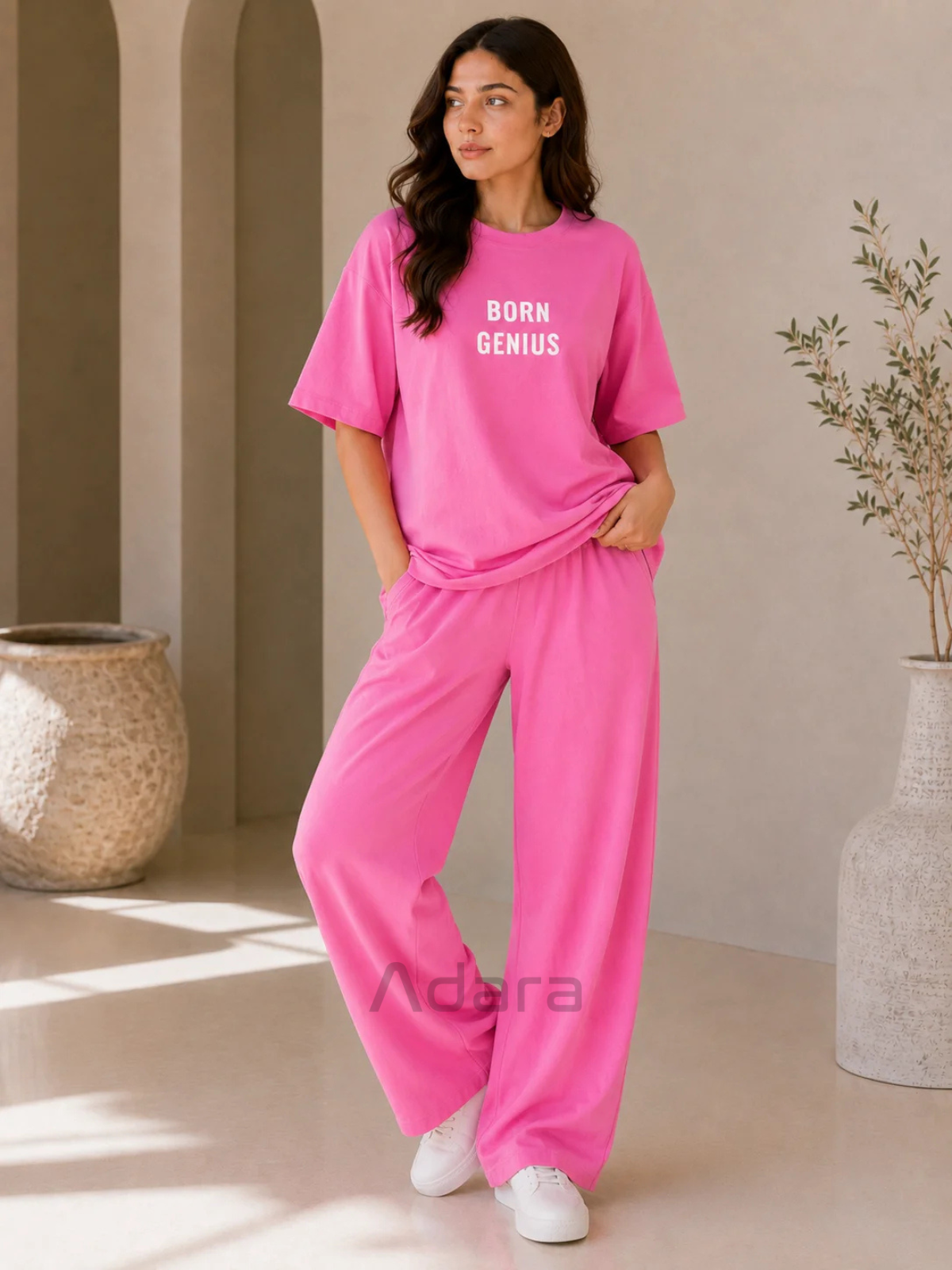 Born Genius Pink Oversized Co-Ord Set for Women – Trendy Casual Western Wide Leg Matching Outfit