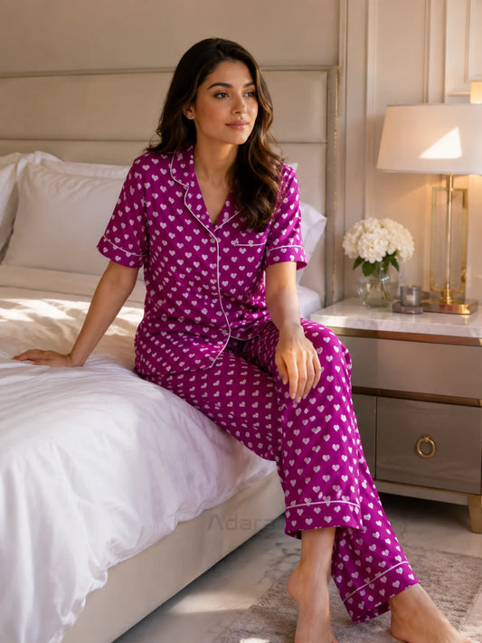 Women's Purple Heart Print Satin Pajama Set - S - Image 1