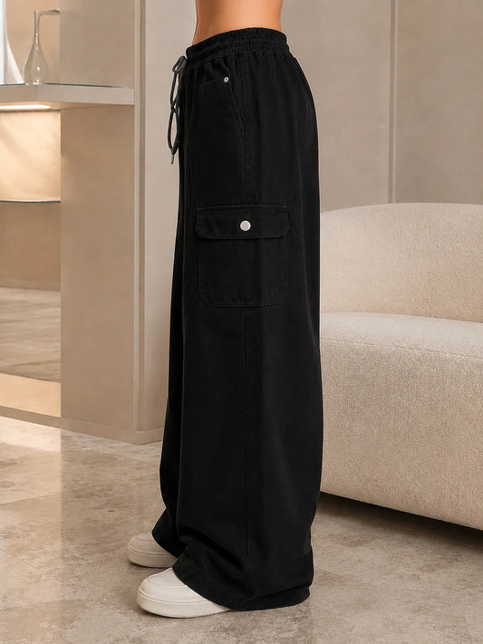 Black baggy cargo jeans for girls wide leg drawstring pants