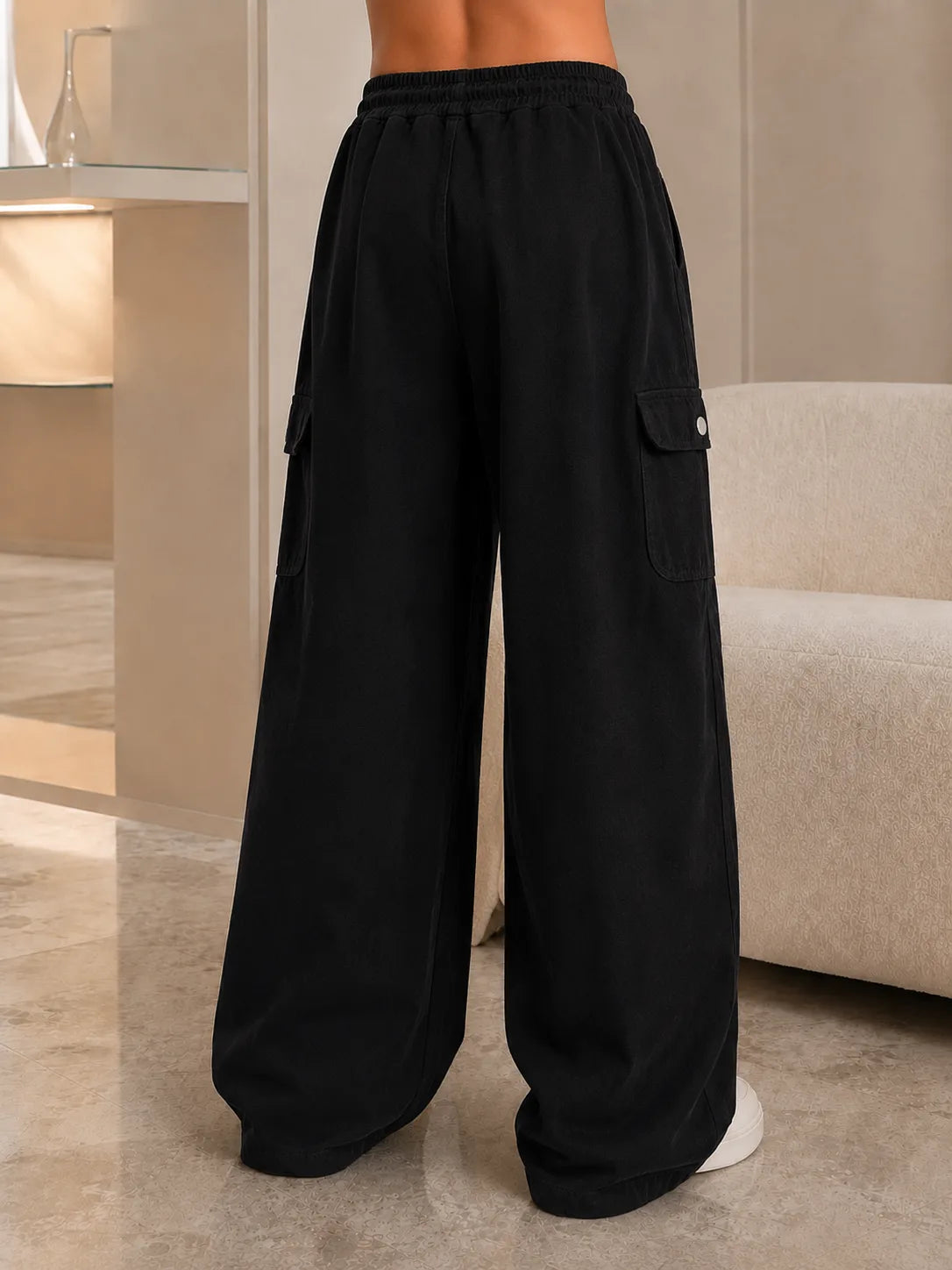 Black baggy cargo jeans for girls wide leg drawstring pants