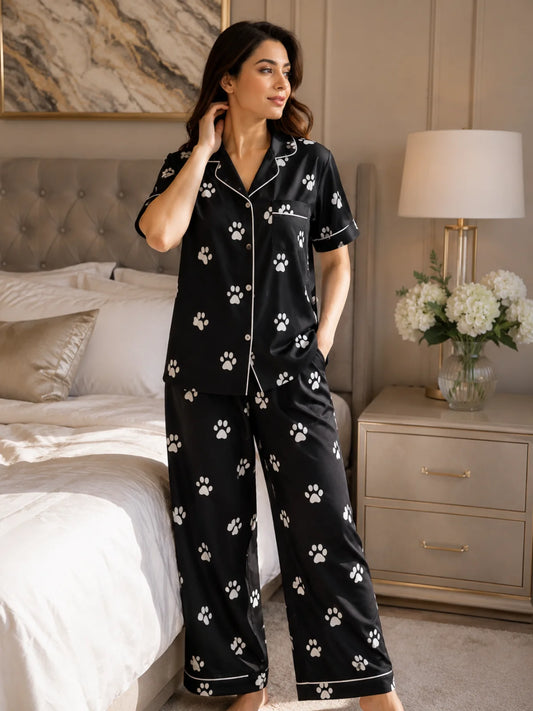 Women's Black Paw Print Satin Pajama Set - S - Image 1