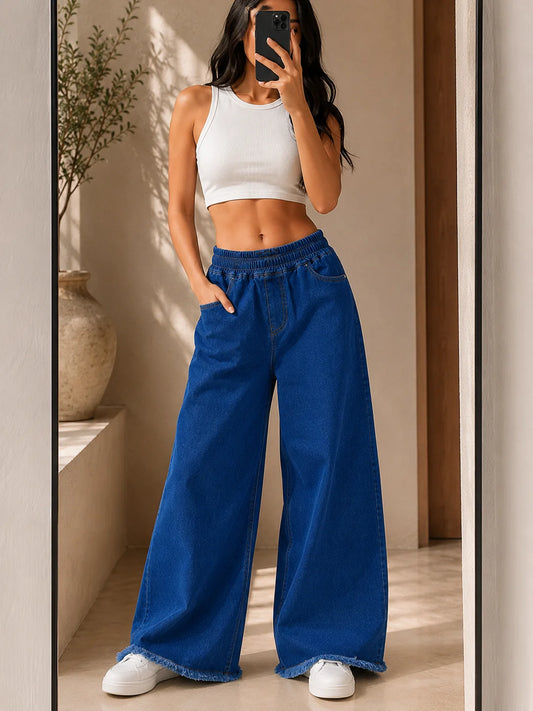 Blue elastic waist wide leg jeans for girls back view