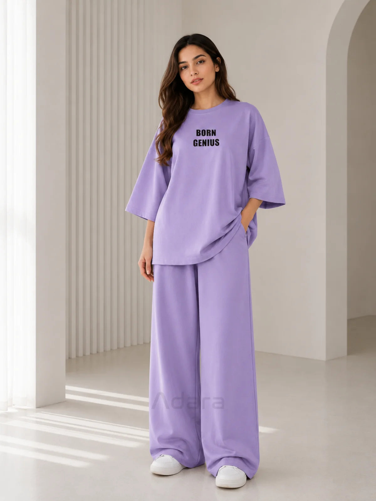 Born Genius Lavender Oversized Printed Co-Ord Set for Women – Trendy Casual Western Wide Leg Matching Outfit