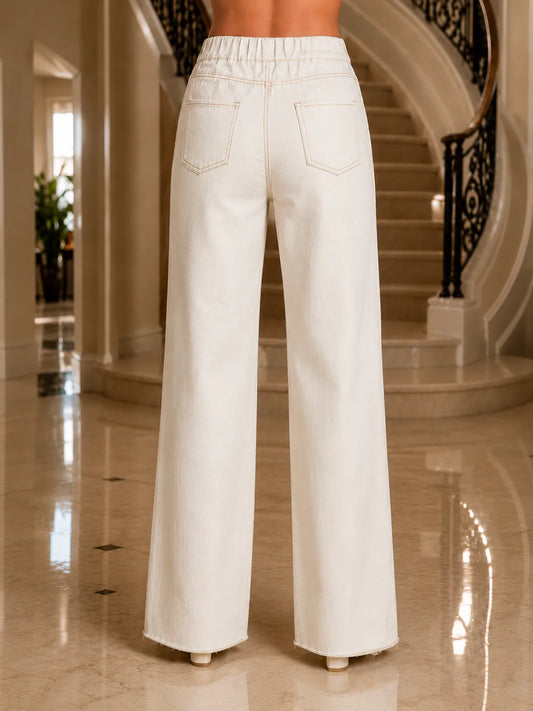 Off white elastic waist wide leg jeans for girls front view