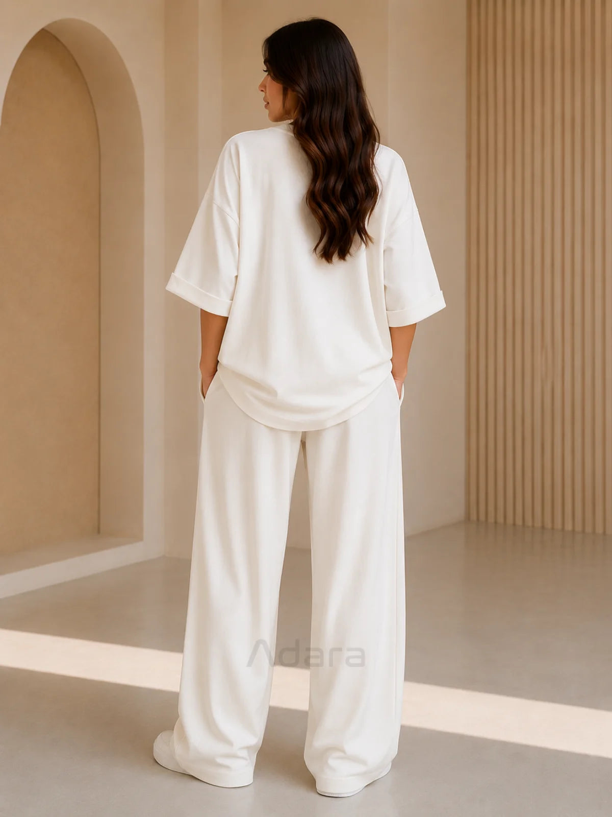 Bear Print White Oversized Co-Ord Set for Women – Trendy Casual Western Wide Leg Matching Outfit
