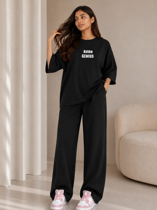 Born Genius Black Oversized Co-Ord Set for Women – Casual Western Wide Leg Matching Outfit