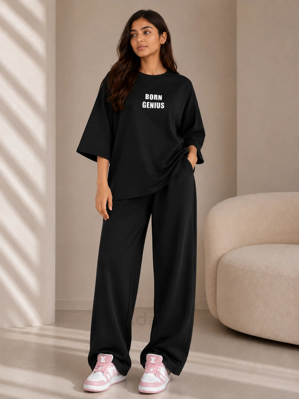 Born Genius Black Oversized Co-Ord Set for Women – Casual Western Wide Leg Matching Outfit