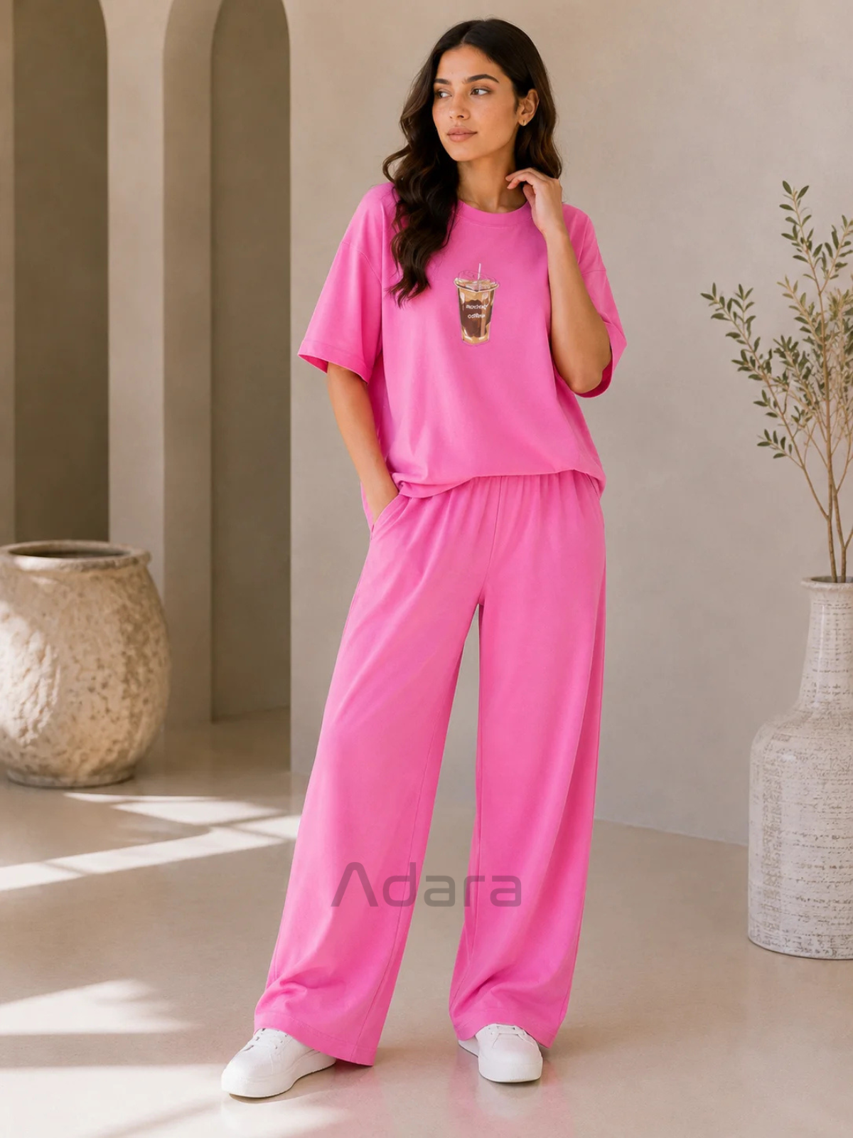 Pink Coffee Print Oversized Co-Ord Set for Women – Casual Wide Leg Lounge Wear Outfit