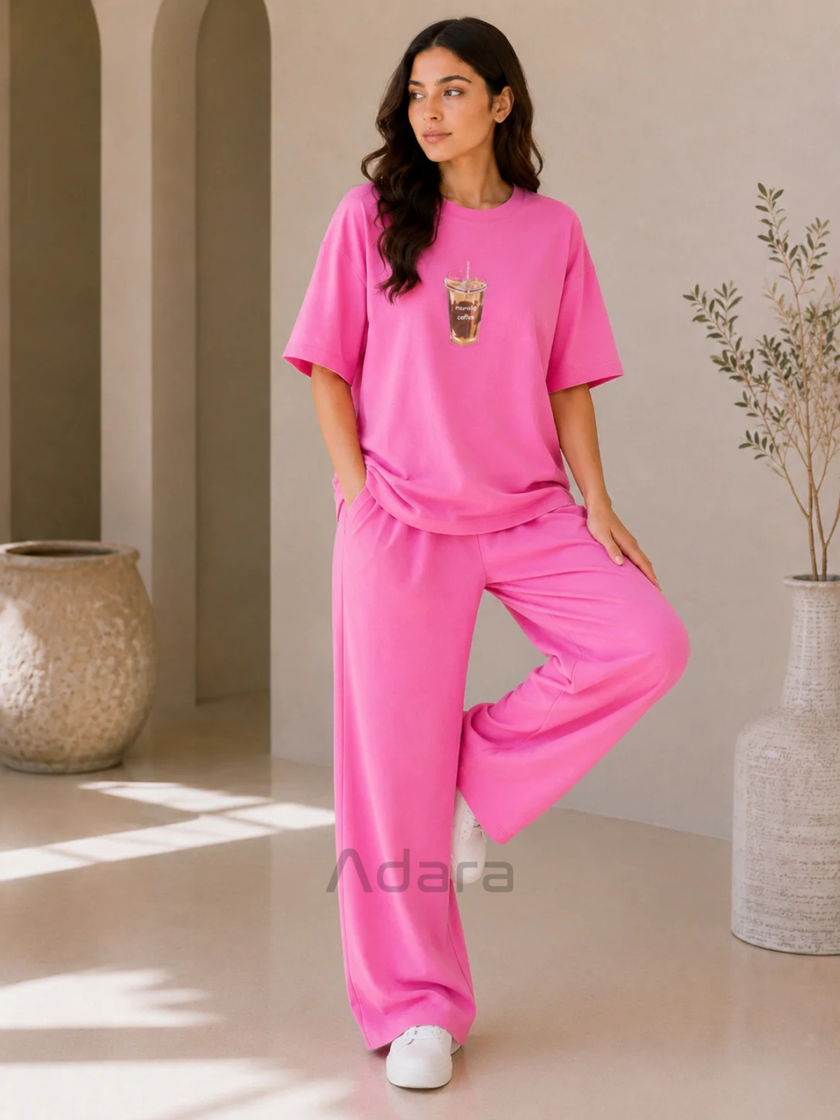 Pink Coffee Print Oversized Co-Ord Set for Women – Casual Wide Leg Lounge Wear Outfit