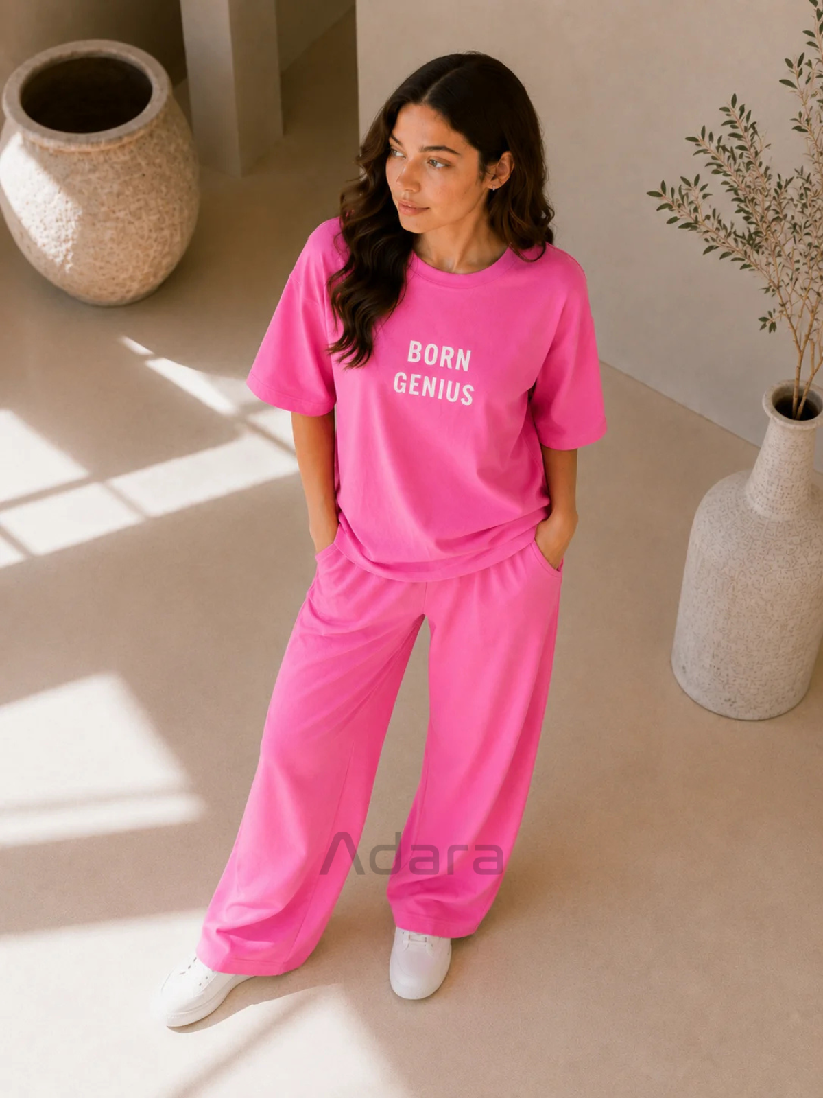 Born Genius Pink Oversized Co-Ord Set for Women – Trendy Casual Western Wide Leg Matching Outfit