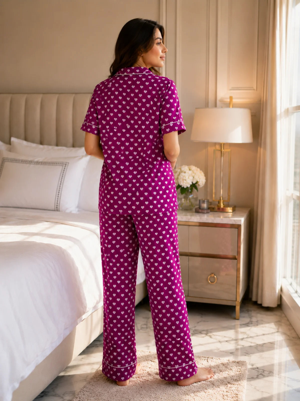 Women's Purple Heart Print Satin Pajama Set - XL - Image 4
