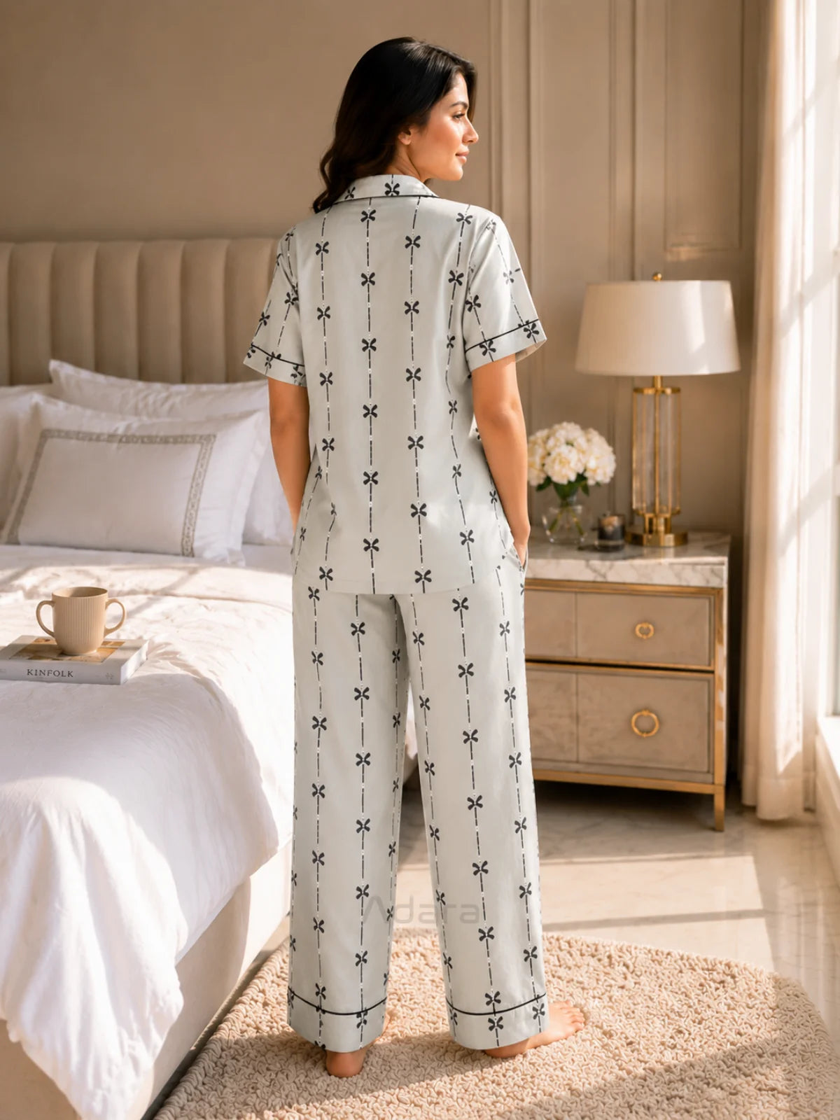 Women's White Bow Print Satin Pajama Set - XL - Image 4