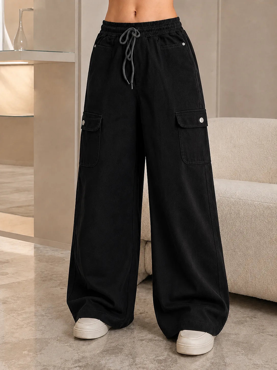 Black baggy cargo jeans for girls wide leg drawstring pants