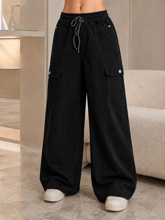Black baggy cargo jeans for girls wide leg drawstring pants