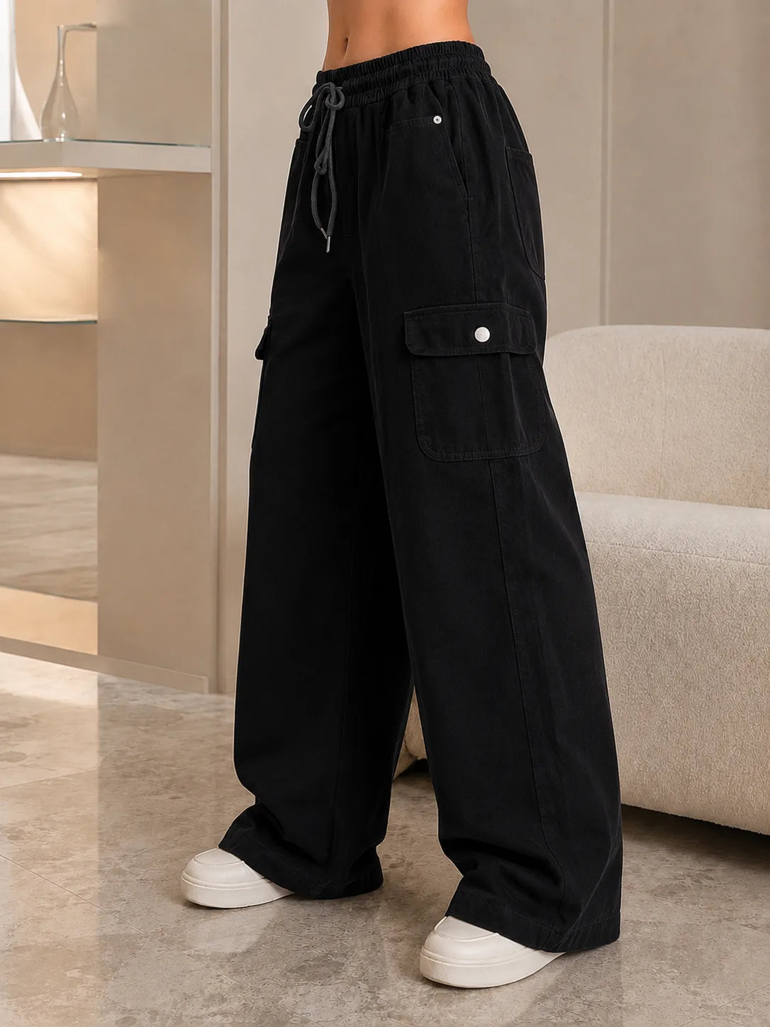 Black baggy cargo jeans for girls wide leg drawstring pants