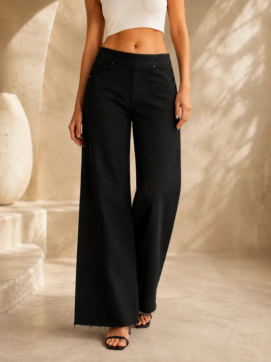 Black raw hem wide leg jeans for girls back view