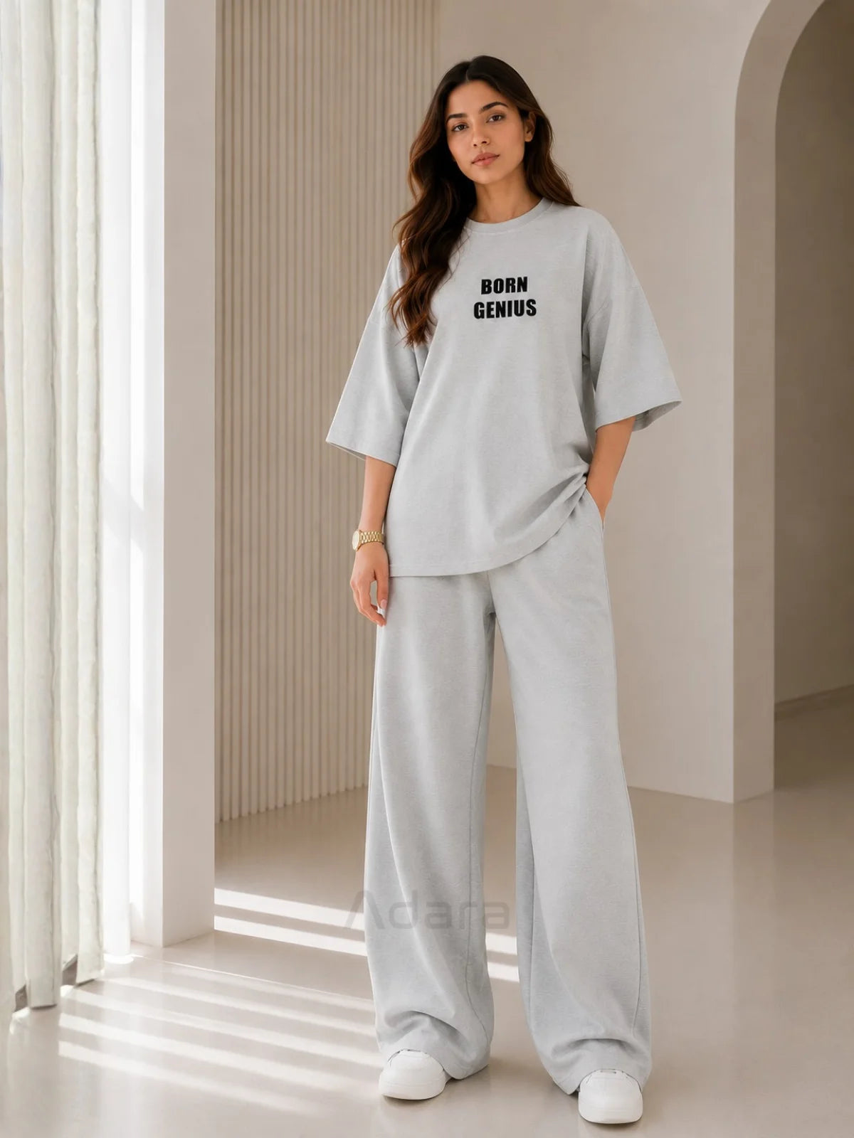 Born Genius Grey Oversized Printed Co-Ord Set for Women – Casual Western Wide Leg Matching Set