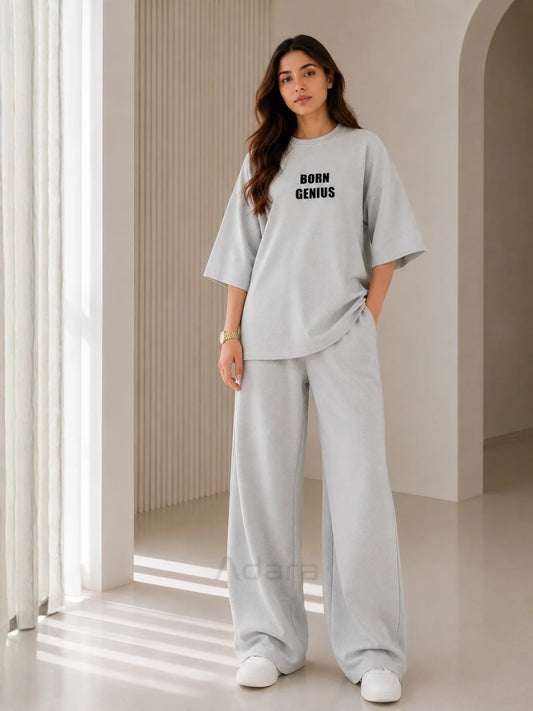 Born Genius Grey Oversized Printed Co-Ord Set for Women – Casual Western Wide Leg Matching Set