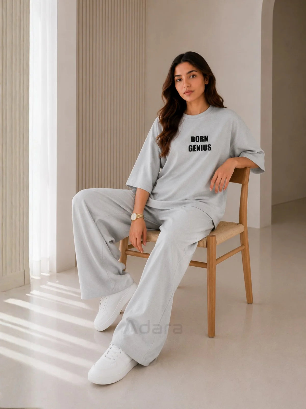 Born Genius Grey Oversized Printed Co-Ord Set for Women – Casual Western Wide Leg Matching Set