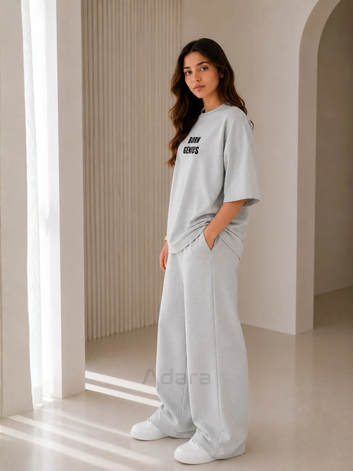Born Genius Grey Oversized Printed Co-Ord Set for Women – Casual Western Wide Leg Matching Set