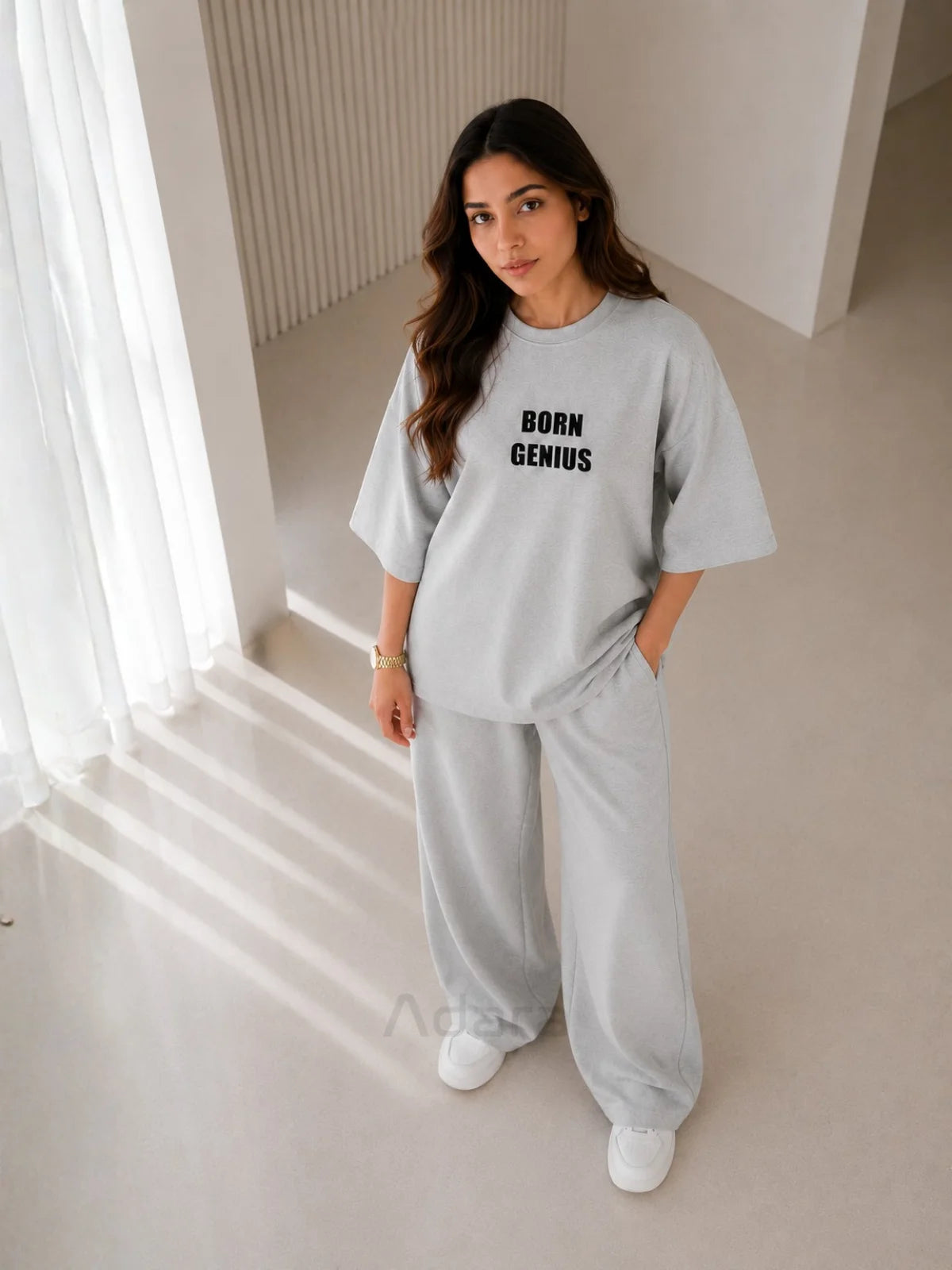 Born Genius Grey Oversized Printed Co-Ord Set for Women – Casual Western Wide Leg Matching Set