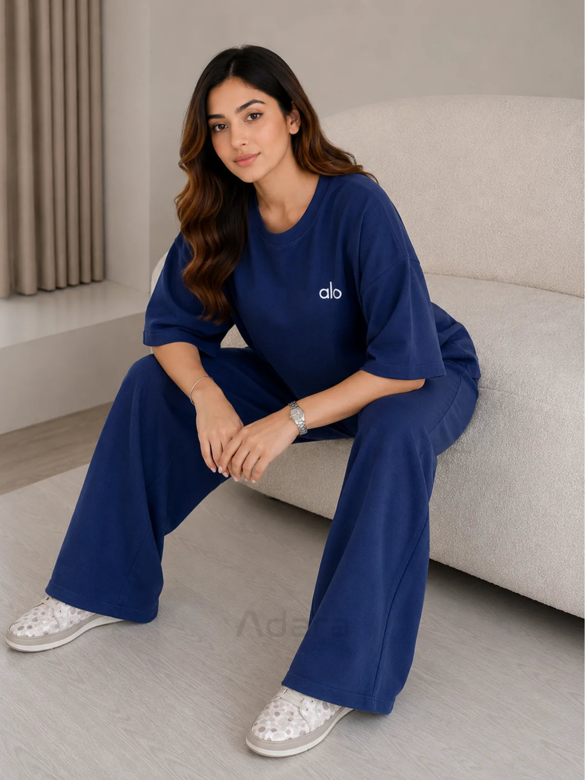 Navy Blue ALO Oversized Co-Ord Set for Women – Premium Relaxed Lounge Wear Outfit
