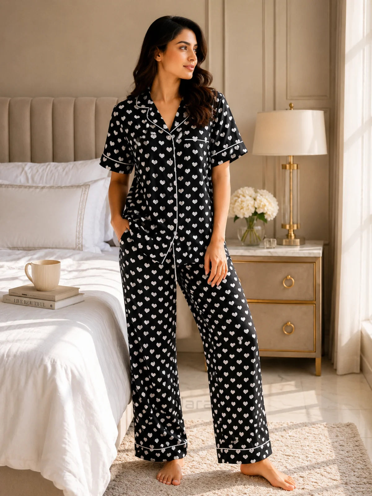 Women's Black Heart Print Satin Pajama Set - S - Image 1