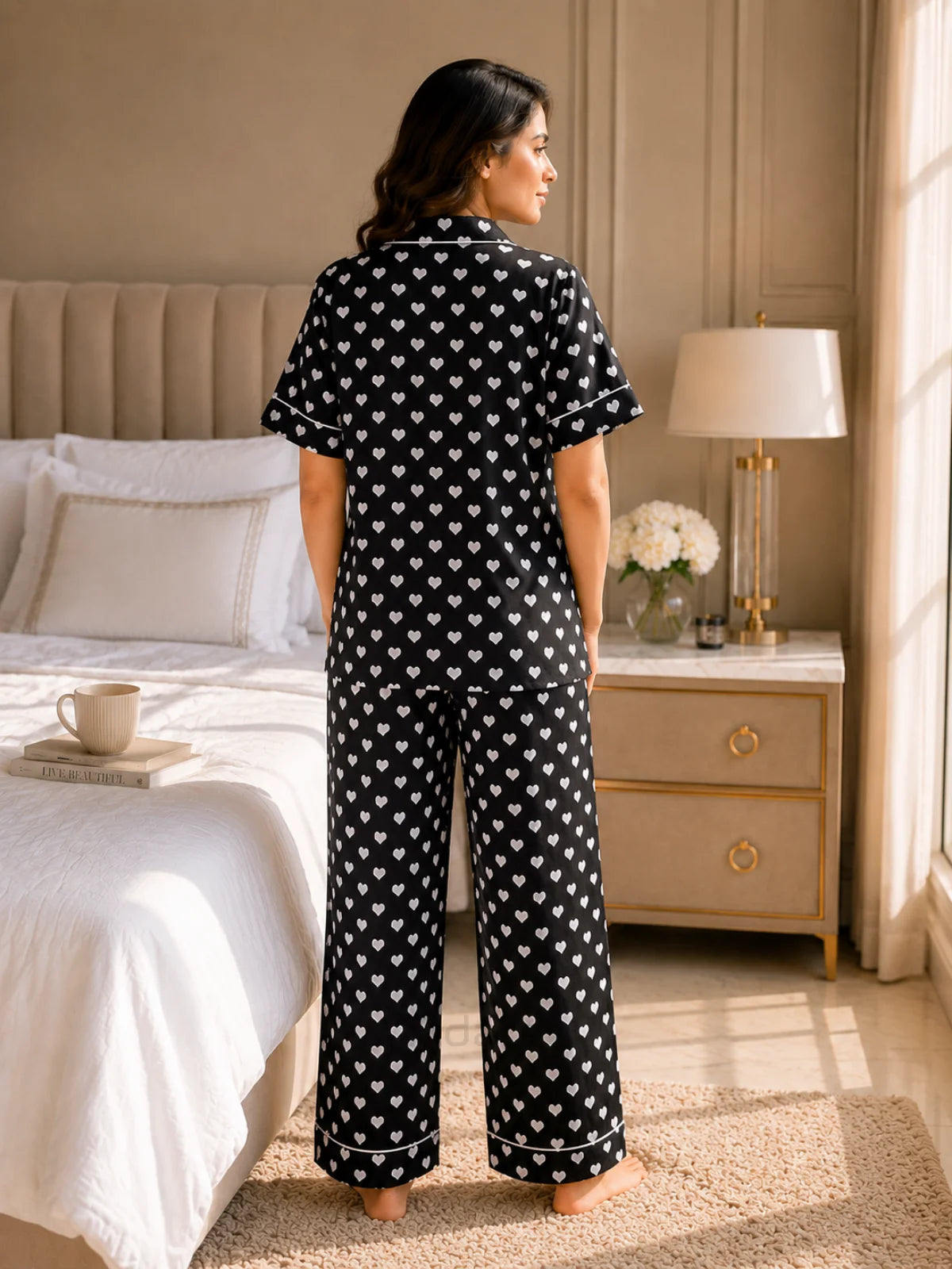 Women's Black Heart Print Satin Pajama Set - XL - Image 4
