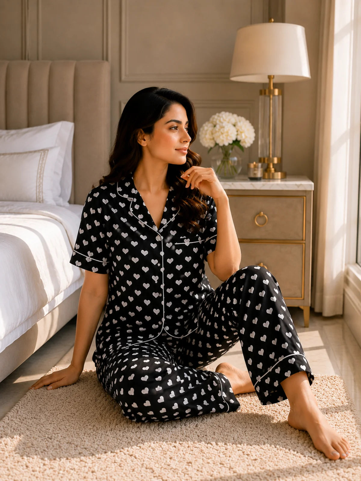 Women's Black Heart Print Satin Pajama Set - L - Image 3