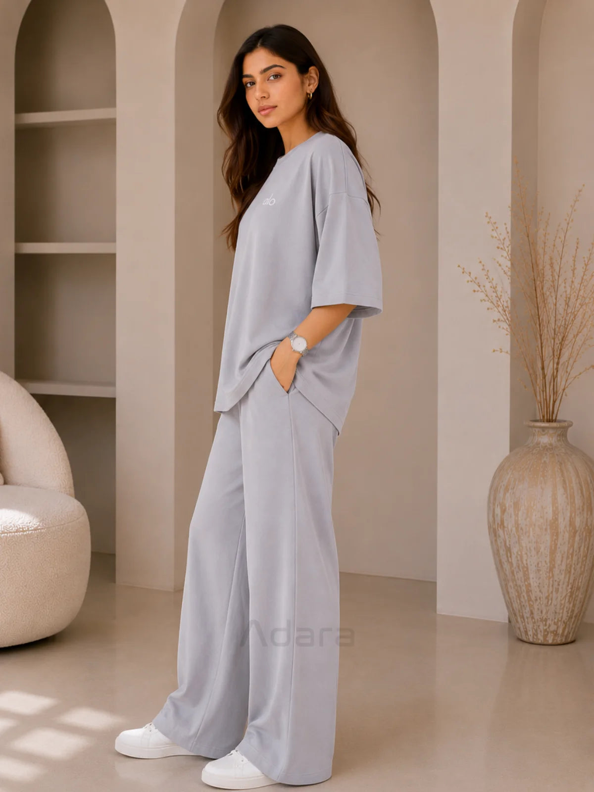 Alo Grey Oversized Co-Ord Set for Women – Premium Casual Western Wear Wide Leg Matching Set