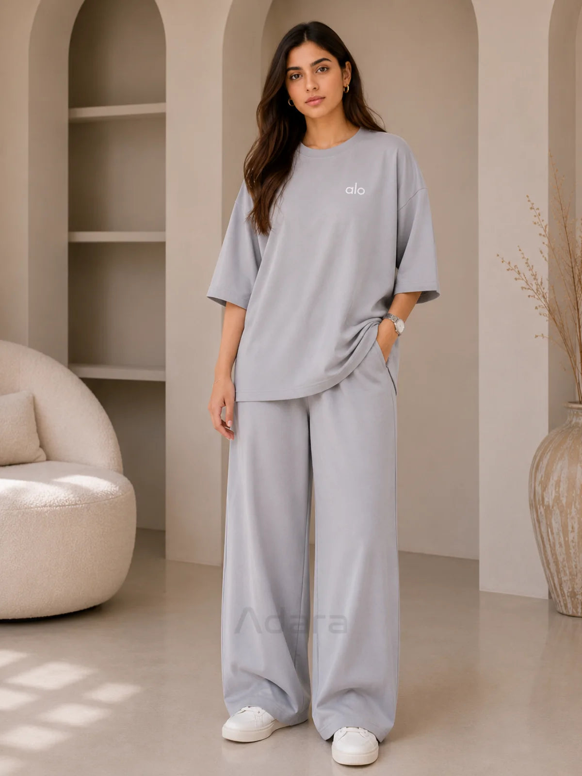 Alo Grey Oversized Co-Ord Set for Women – Premium Casual Western Wear Wide Leg Matching Set