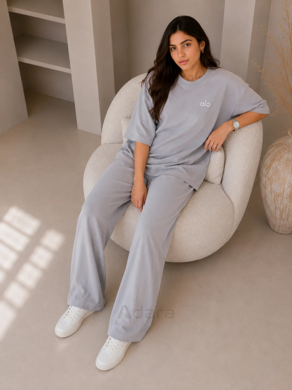 Alo Grey Oversized Co-Ord Set for Women – Premium Casual Western Wear Wide Leg Matching Set