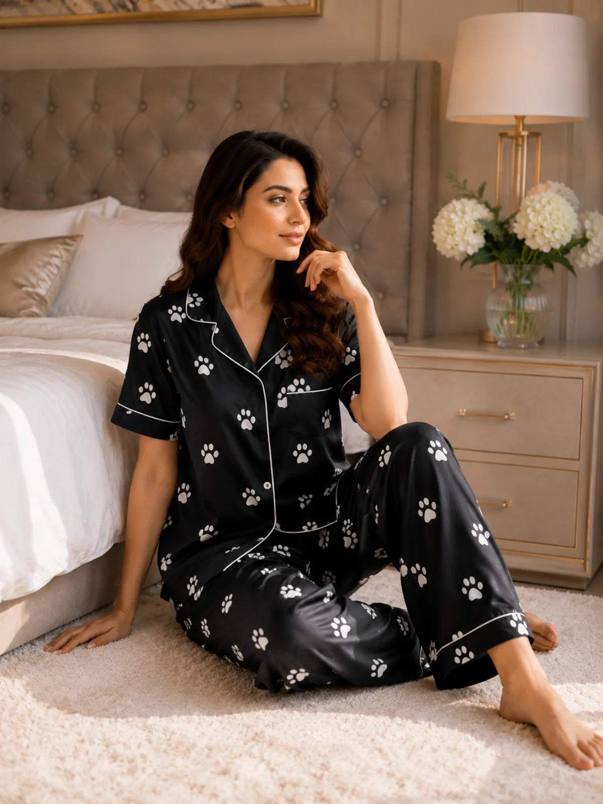 Women's Black Paw Print Satin Pajama Set - M - Image 2