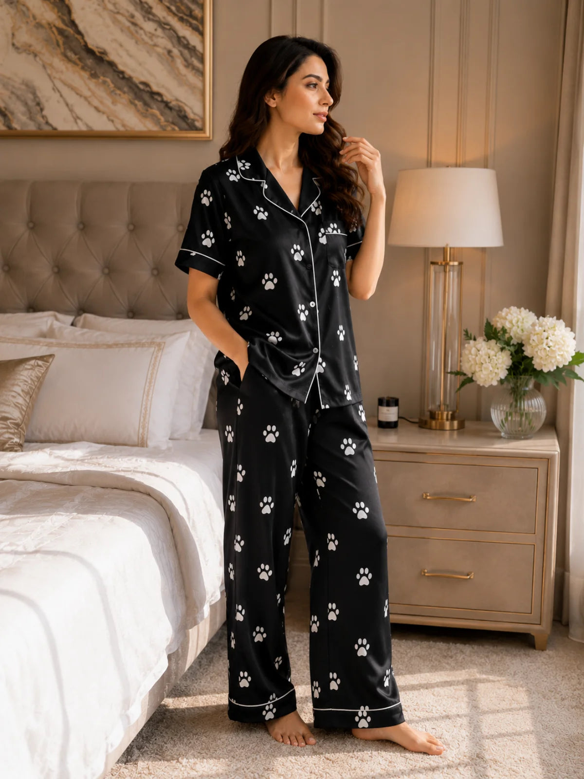 Women's Black Paw Print Satin Pajama Set - L - Image 3