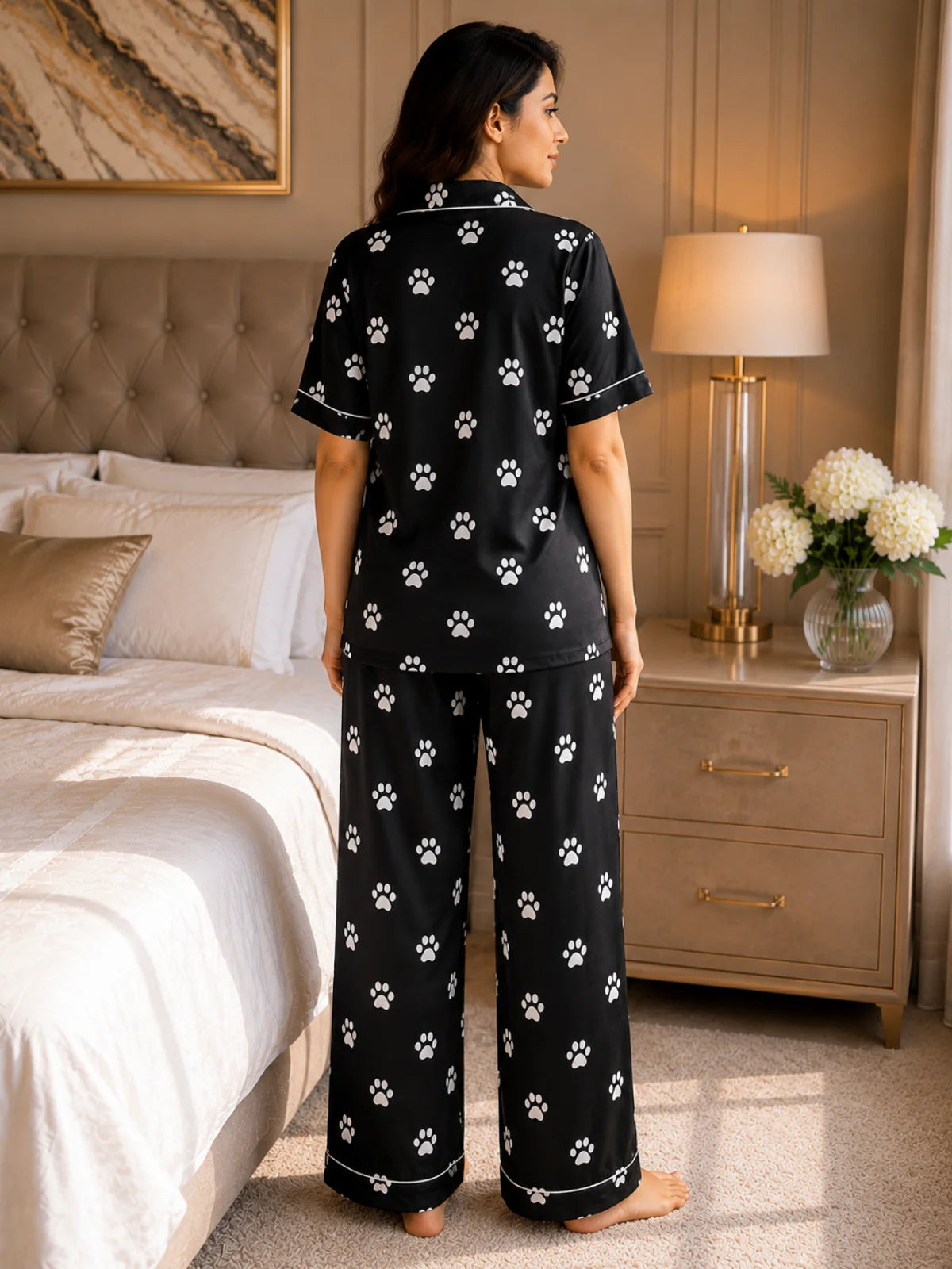 Women's Black Paw Print Satin Pajama Set - XL - Image 4