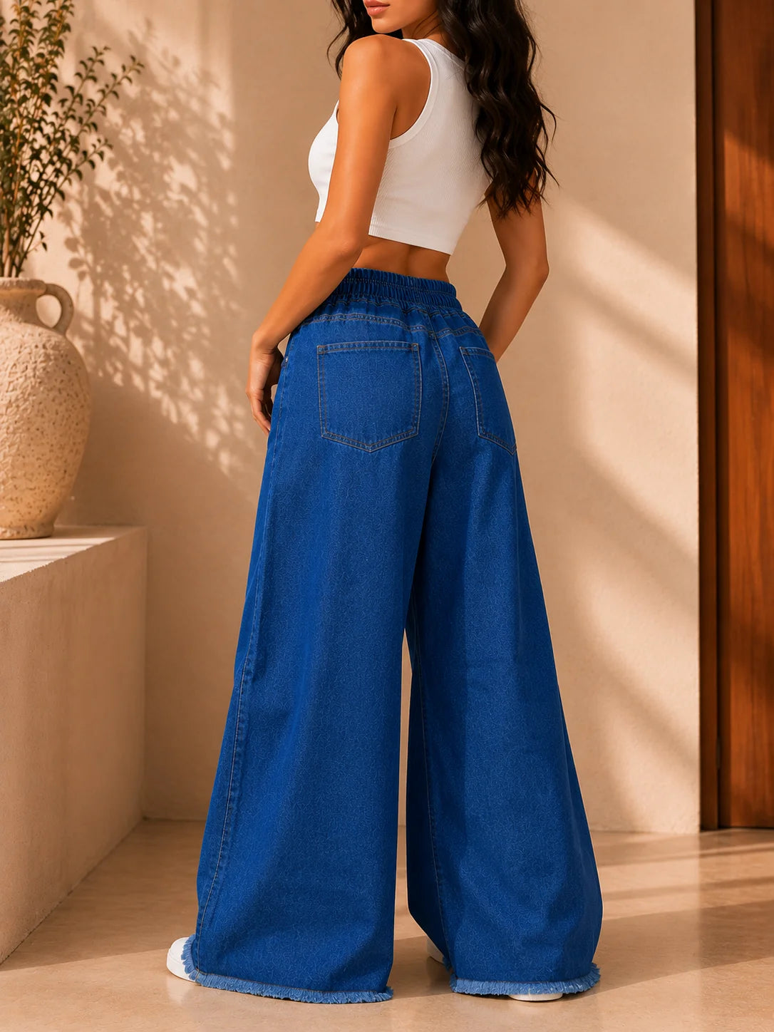 Blue elastic waist wide leg jeans for girls front view