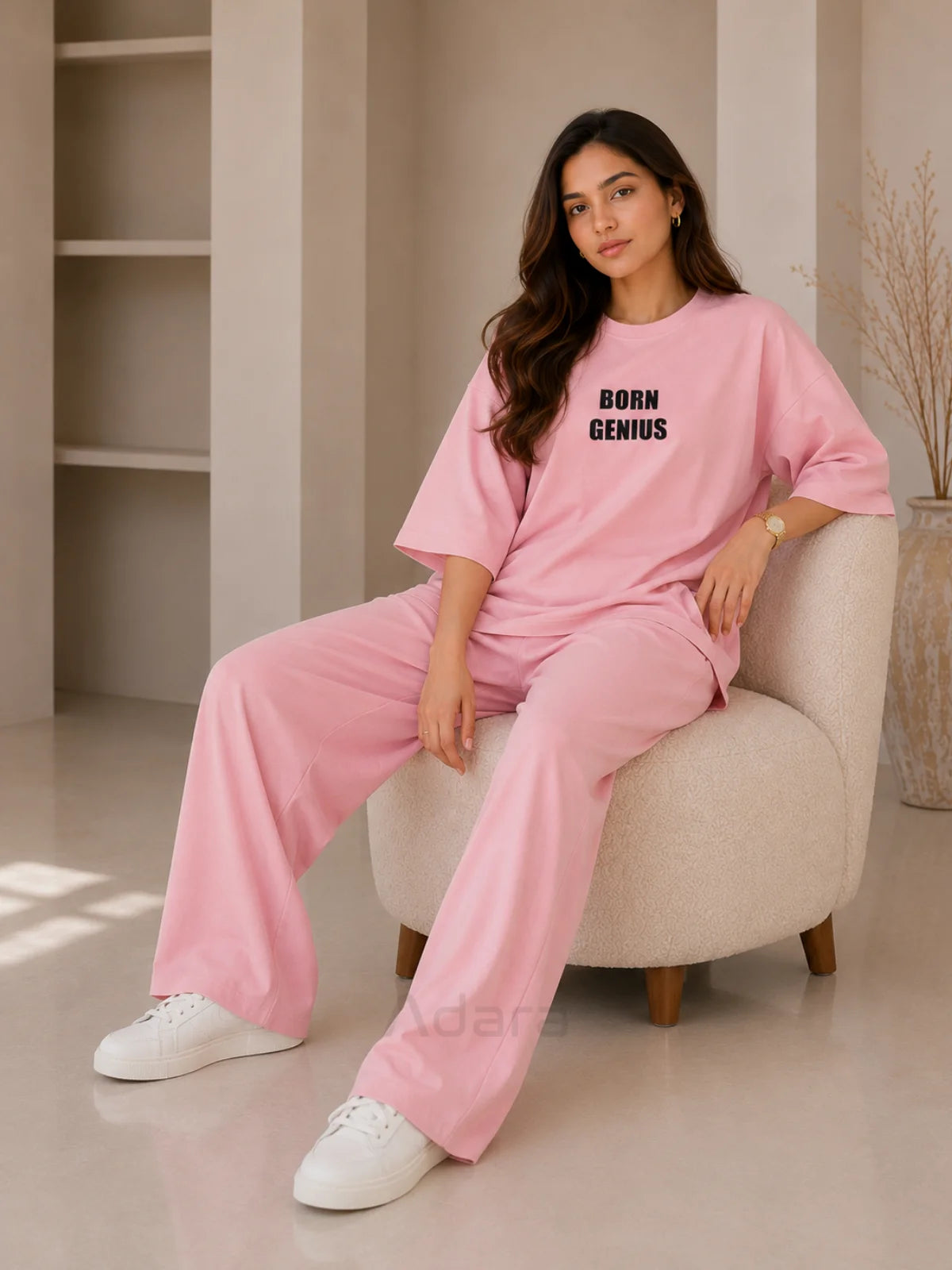 Born Genius Pink Oversized Printed Co-Ord Set for Women – Trendy Casual Western Wide Leg Matching Outfit
