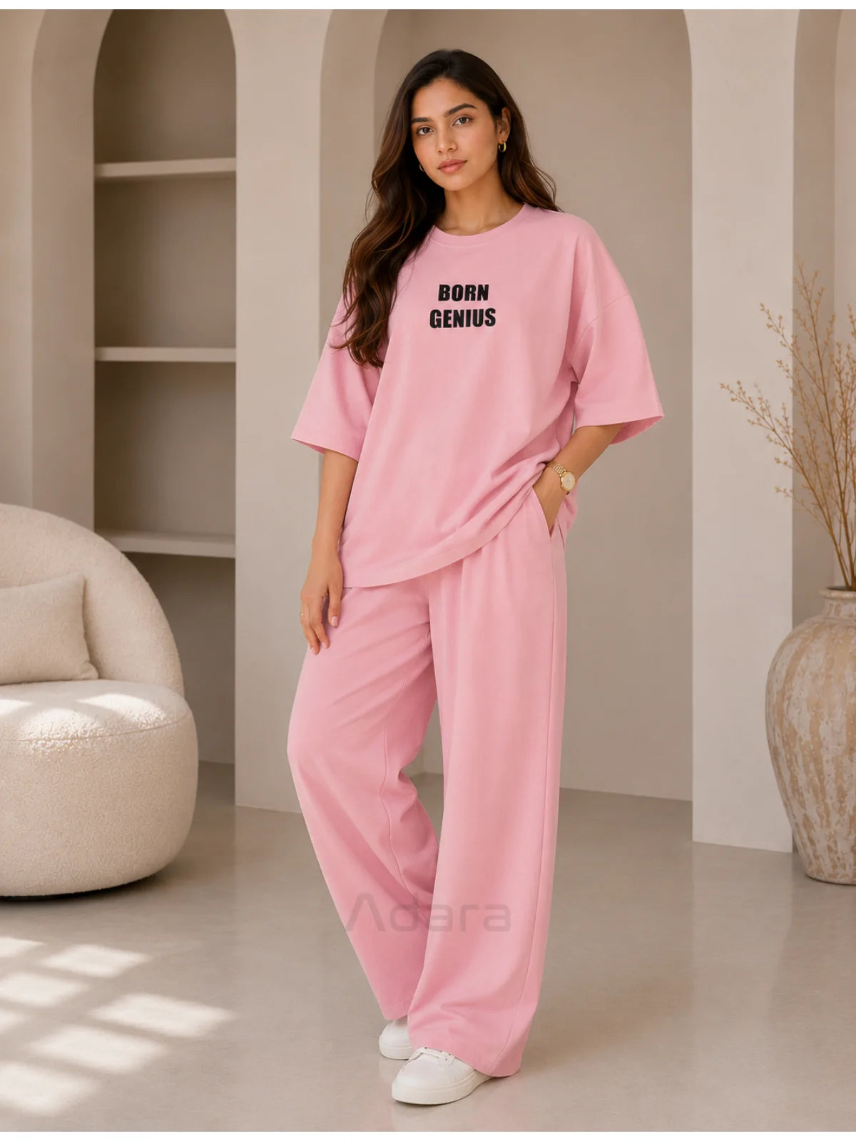 Born Genius Pink Oversized Printed Co-Ord Set for Women – Trendy Casual Western Wide Leg Matching Outfit