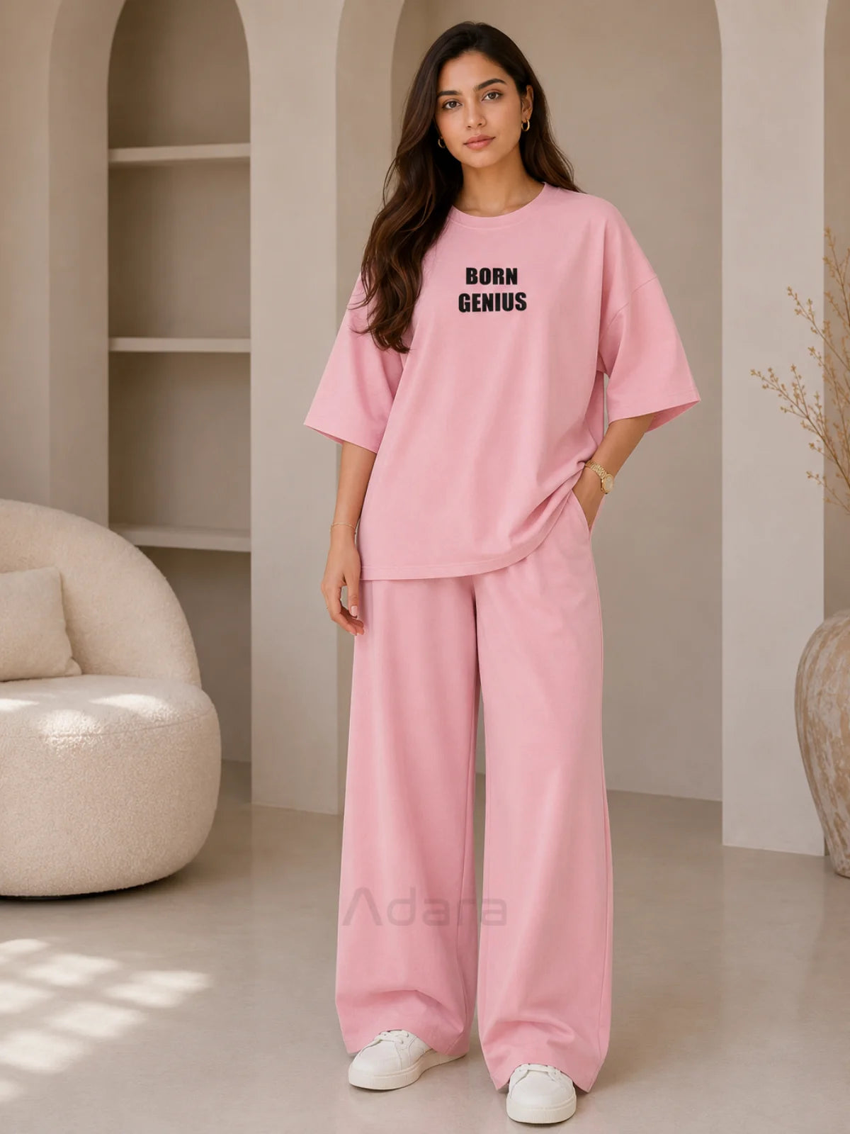 Born Genius Pink Oversized Printed Co-Ord Set for Women – Trendy Casual Western Wide Leg Matching Outfit