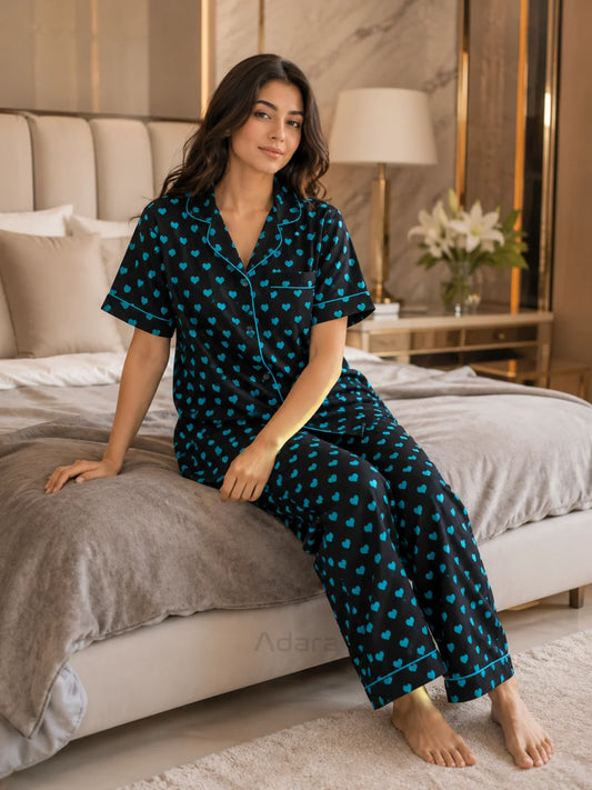 Women's Black & Blue Heart Print Satin Pajama Set - S - Image 1