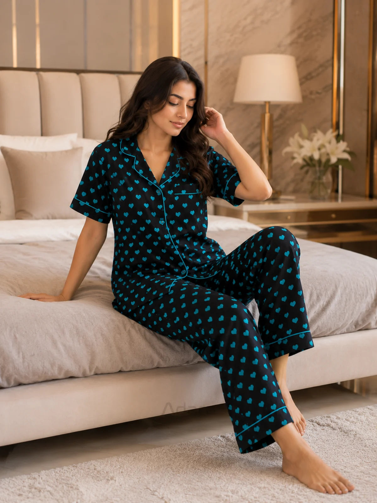 Women's Black & Blue Heart Print Satin Pajama Set - M - Image 2