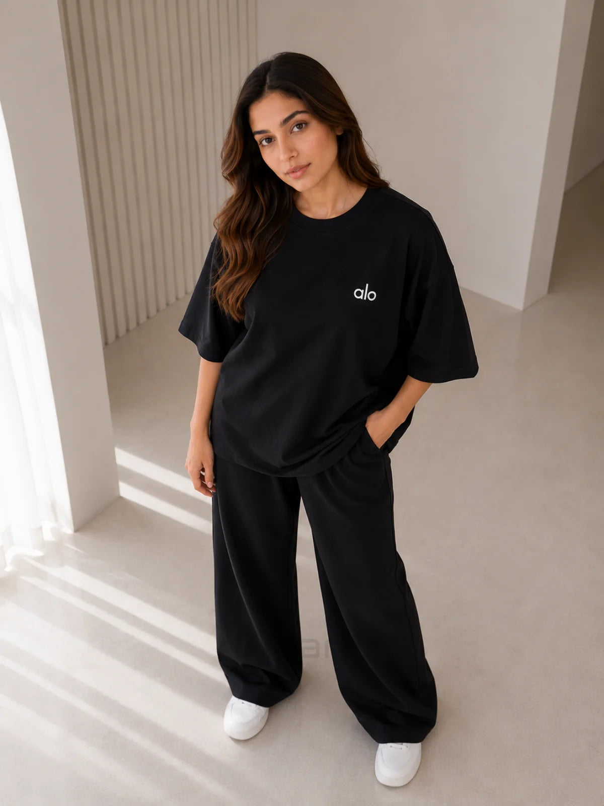 Alo Black Oversized Co-Ord Set for Women – Premium Casual Western Wide Leg Matching Outfit