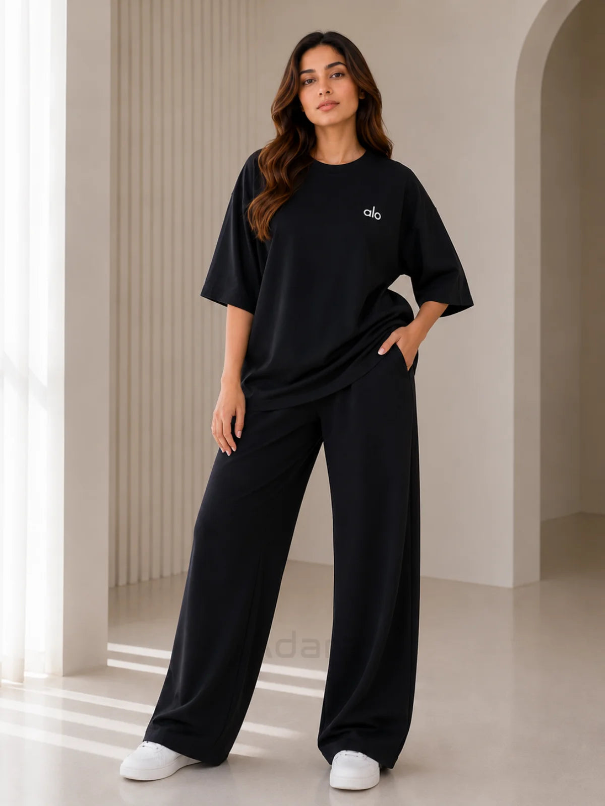 Alo Black Oversized Co-Ord Set for Women – Premium Casual Western Wide Leg Matching Outfit