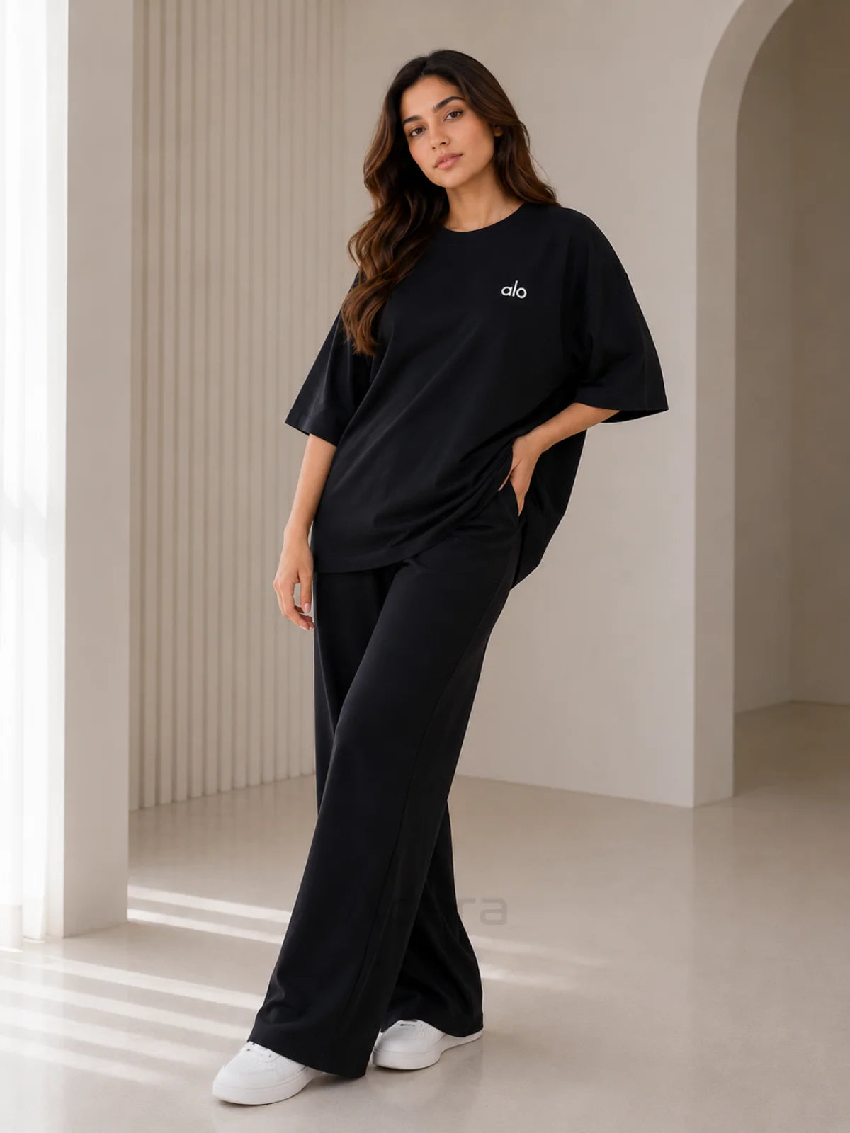 Alo Black Oversized Co-Ord Set for Women – Premium Casual Western Wide Leg Matching Outfit