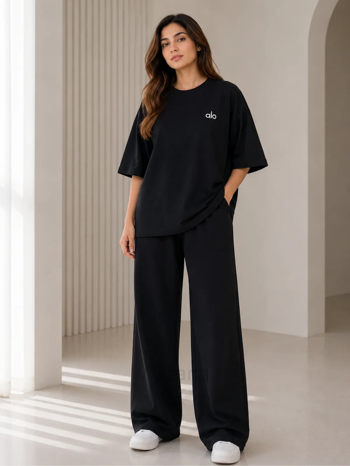 Alo Black Oversized Co-Ord Set for Women – Premium Casual Western Wide Leg Matching Outfit
