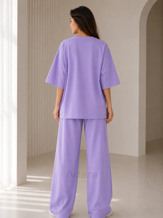 Born Genius Lavender Oversized Printed Co-Ord Set for Women – Trendy Casual Western Wide Leg Matching Outfit