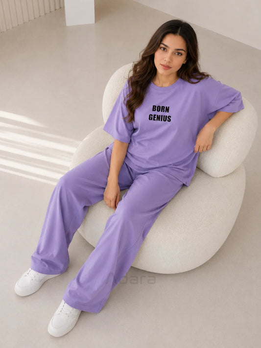 Born Genius Lavender Oversized Printed Co-Ord Set for Women – Trendy Casual Western Wide Leg Matching Outfit