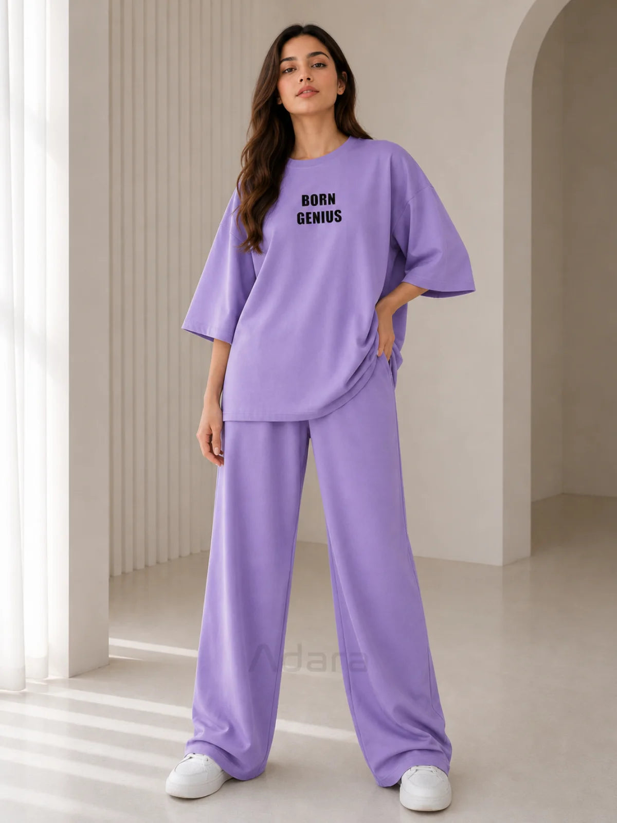 Born Genius Lavender Oversized Printed Co-Ord Set for Women – Trendy Casual Western Wide Leg Matching Outfit