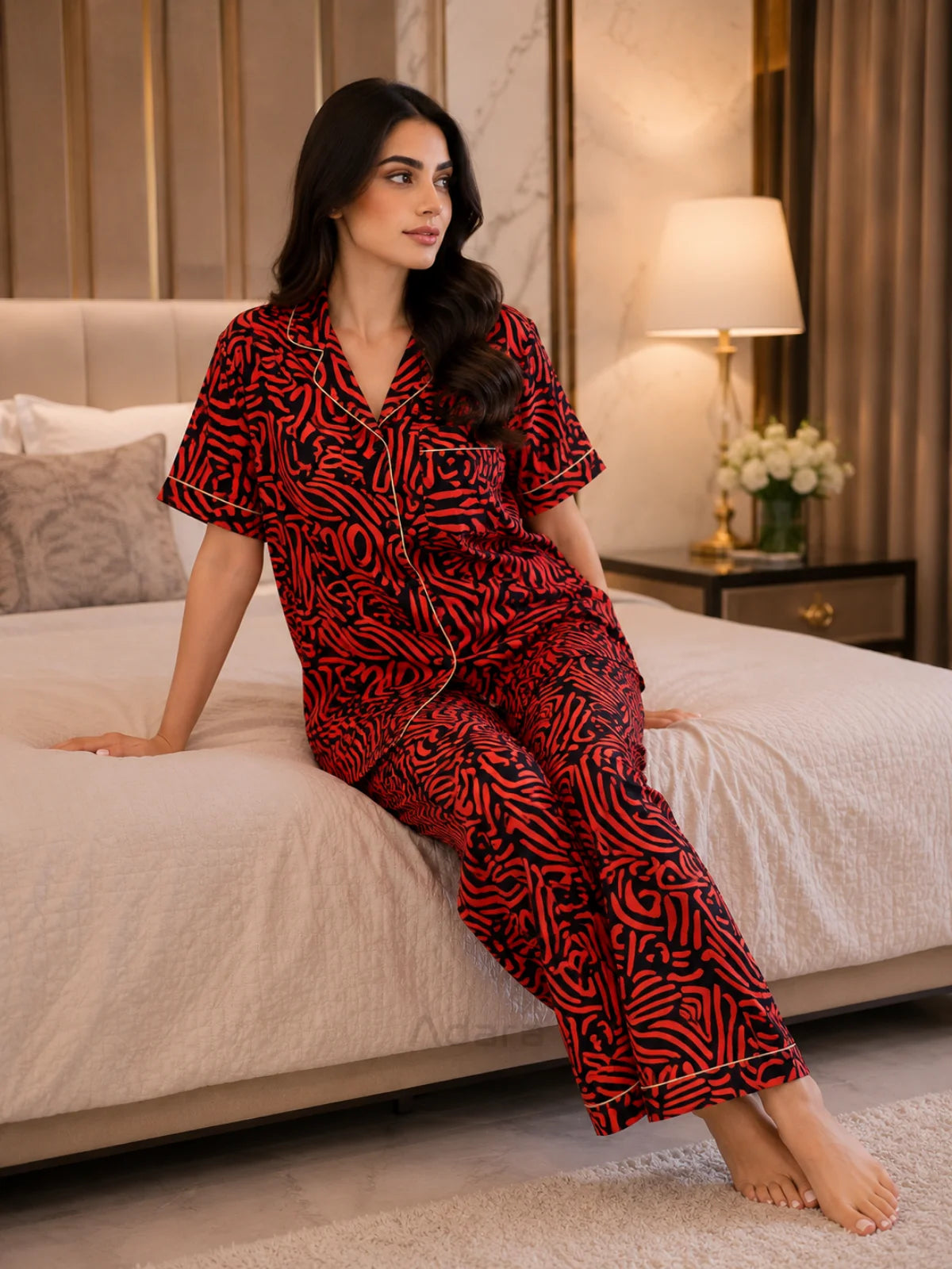 Women's Red Abstract Print Satin Pajama Set - M - Image 2