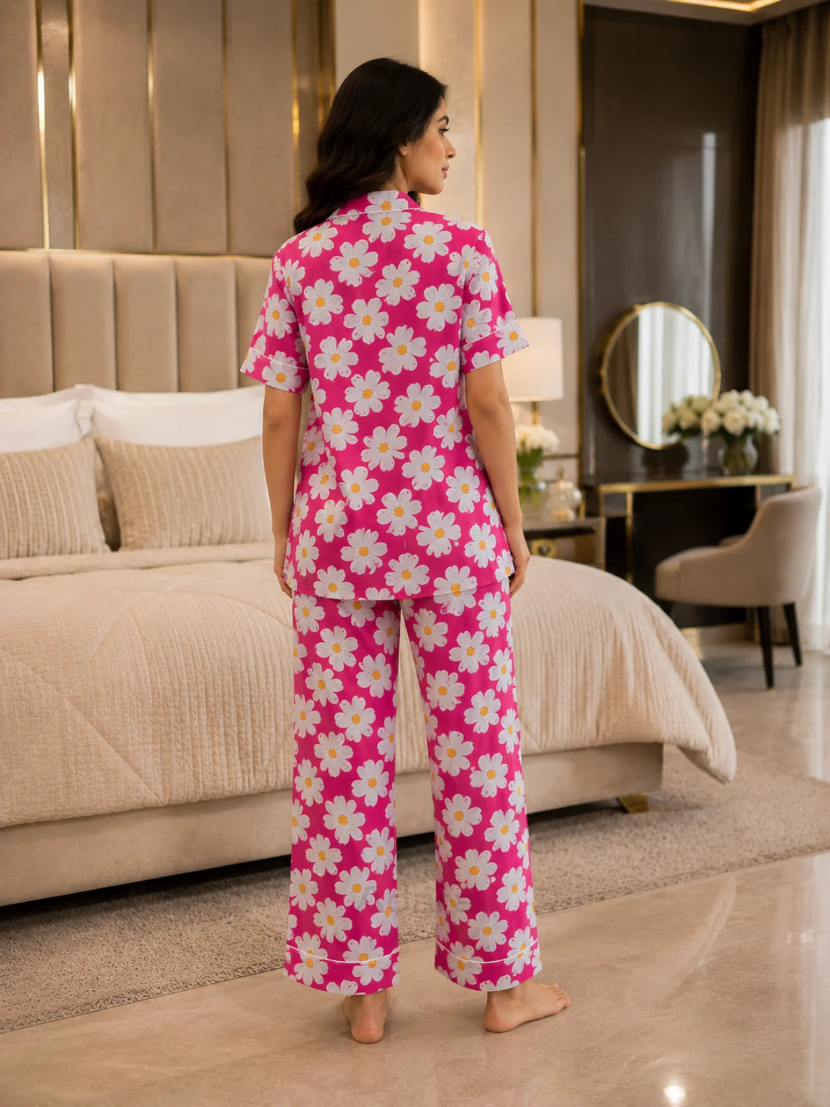 Women's Pink Daisy Floral Satin Pajama Set - XL - Image 4